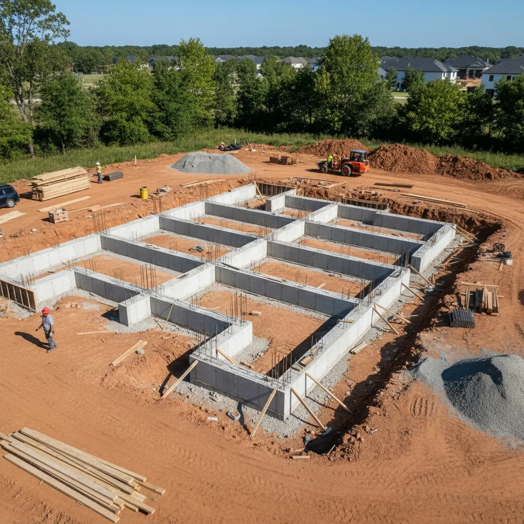 Cimentación de concreto para casa de dos plantas antes de levantar muros