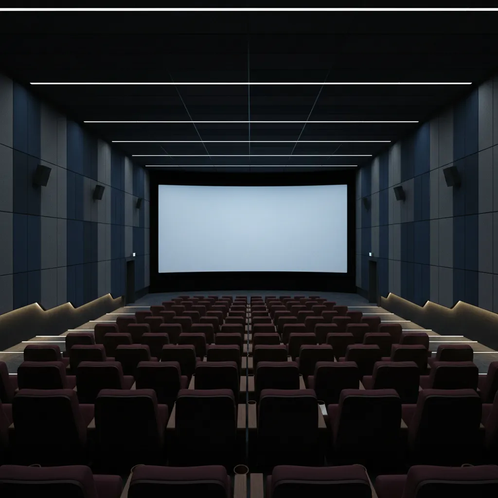 Cinema interior showing acoustic wall panels and aisle lighting