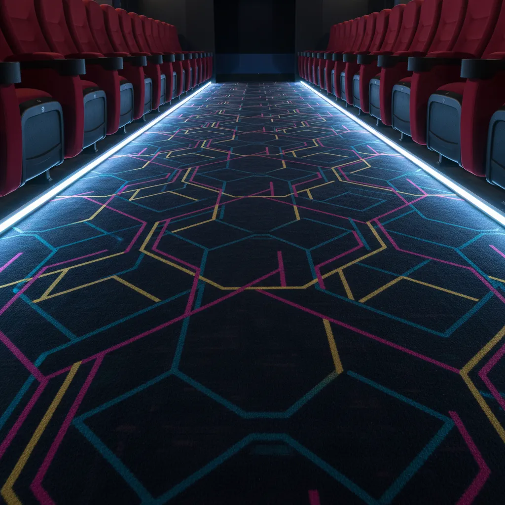 Close view of patterned movie theater carpet in aisle lighting