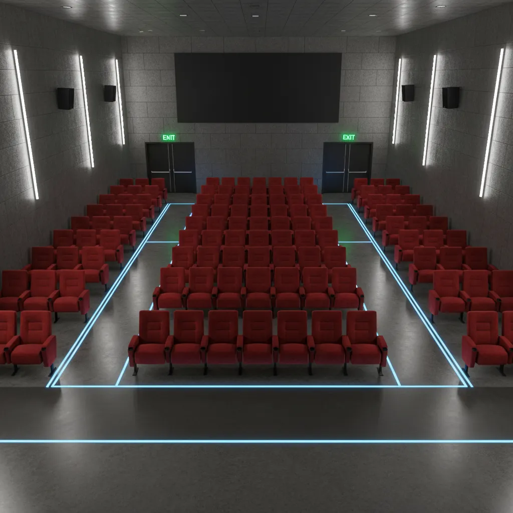 Cinema seating layout highlighting emergency exit routes and aisle paths