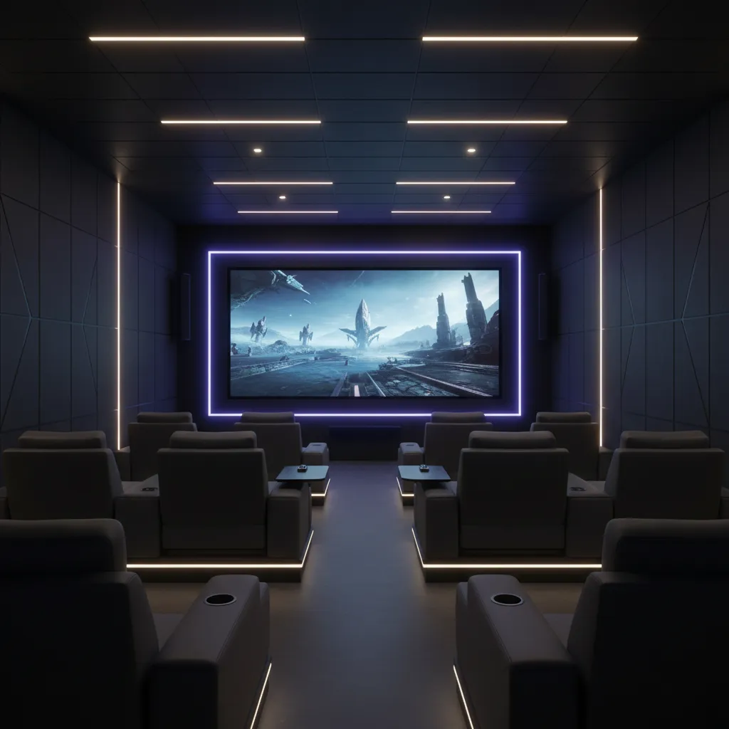 Cinema style gaming lounge with low lighting and screen focal point