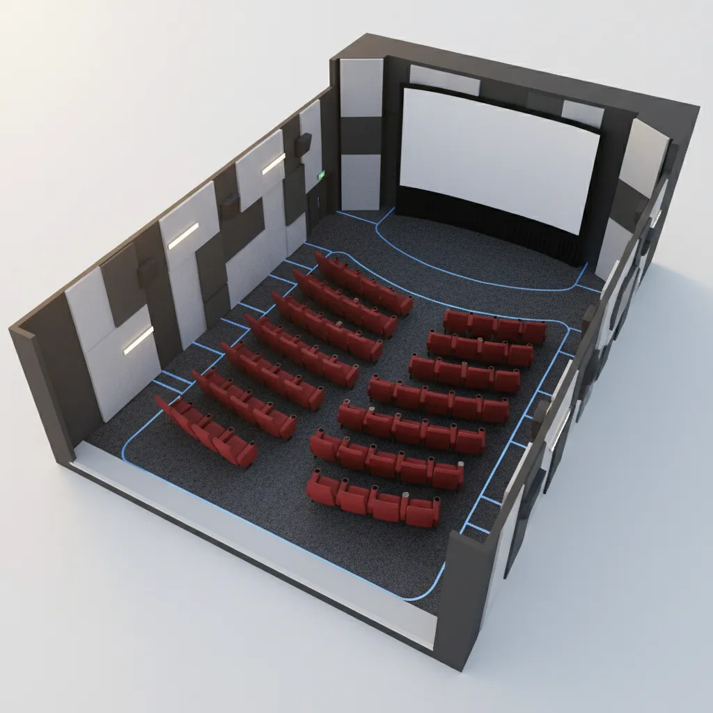 3D cinema layout planning model showing seating arrangement