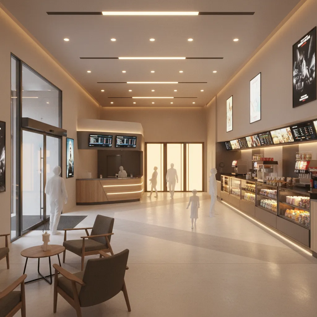 small cinema lobby layout showing ticket counter and circulation flow