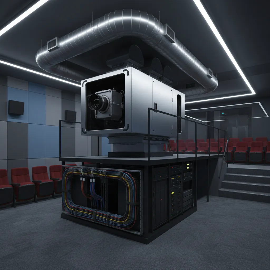 Digital cinema projection equipment with ventilation and electrical infrastructure