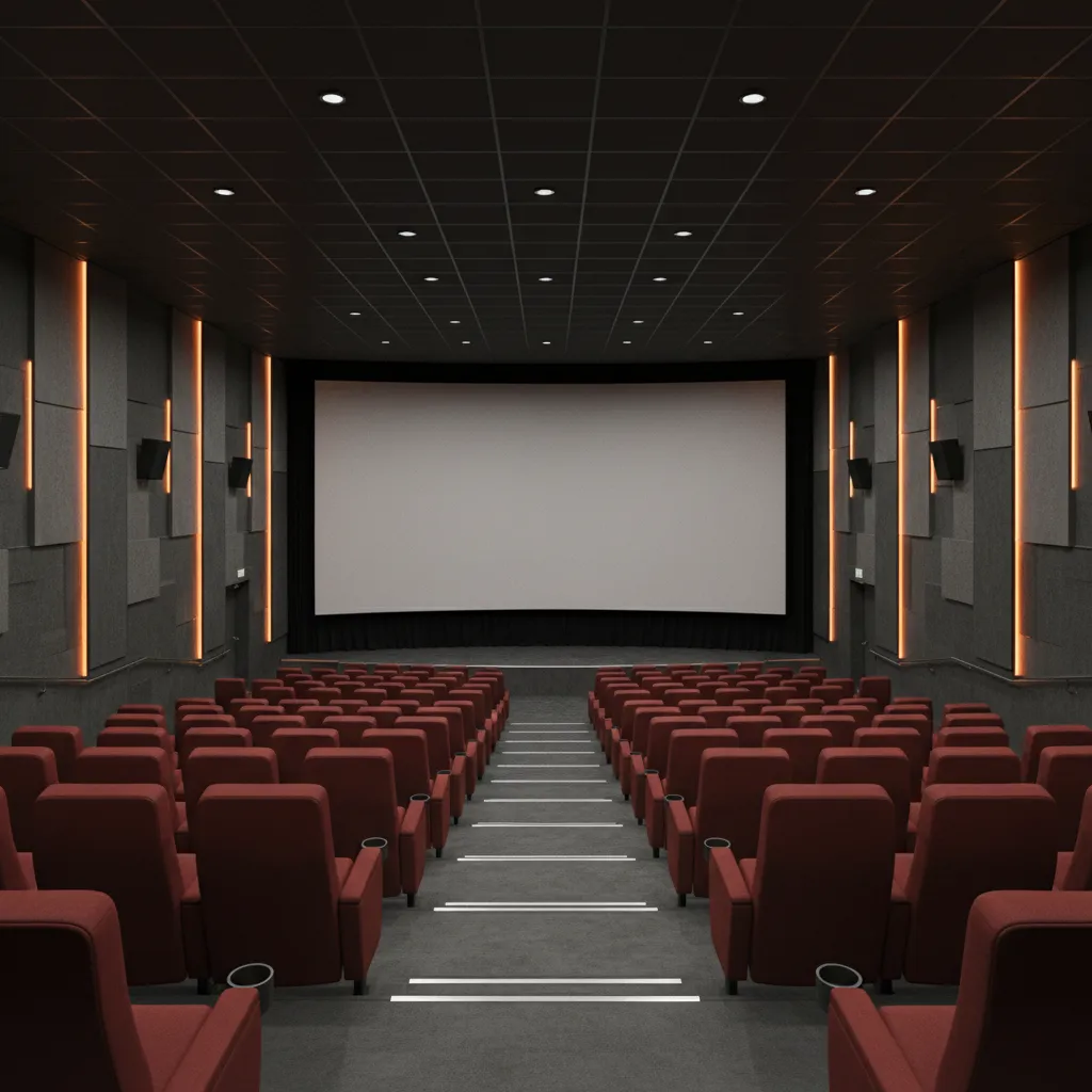 Cinema screen placement with seating rows showing viewing distance planning