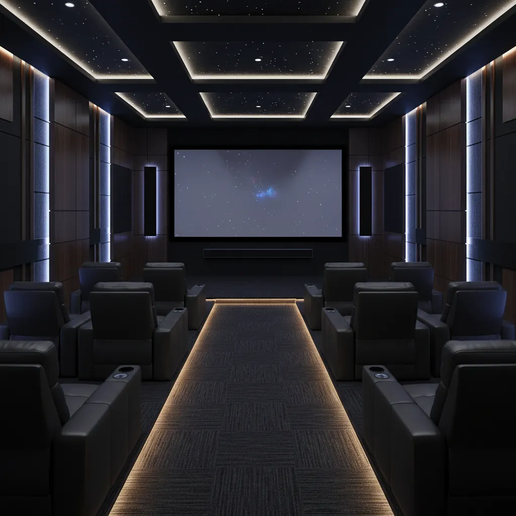 Residential home theater inspired by commercial cinema carpet style