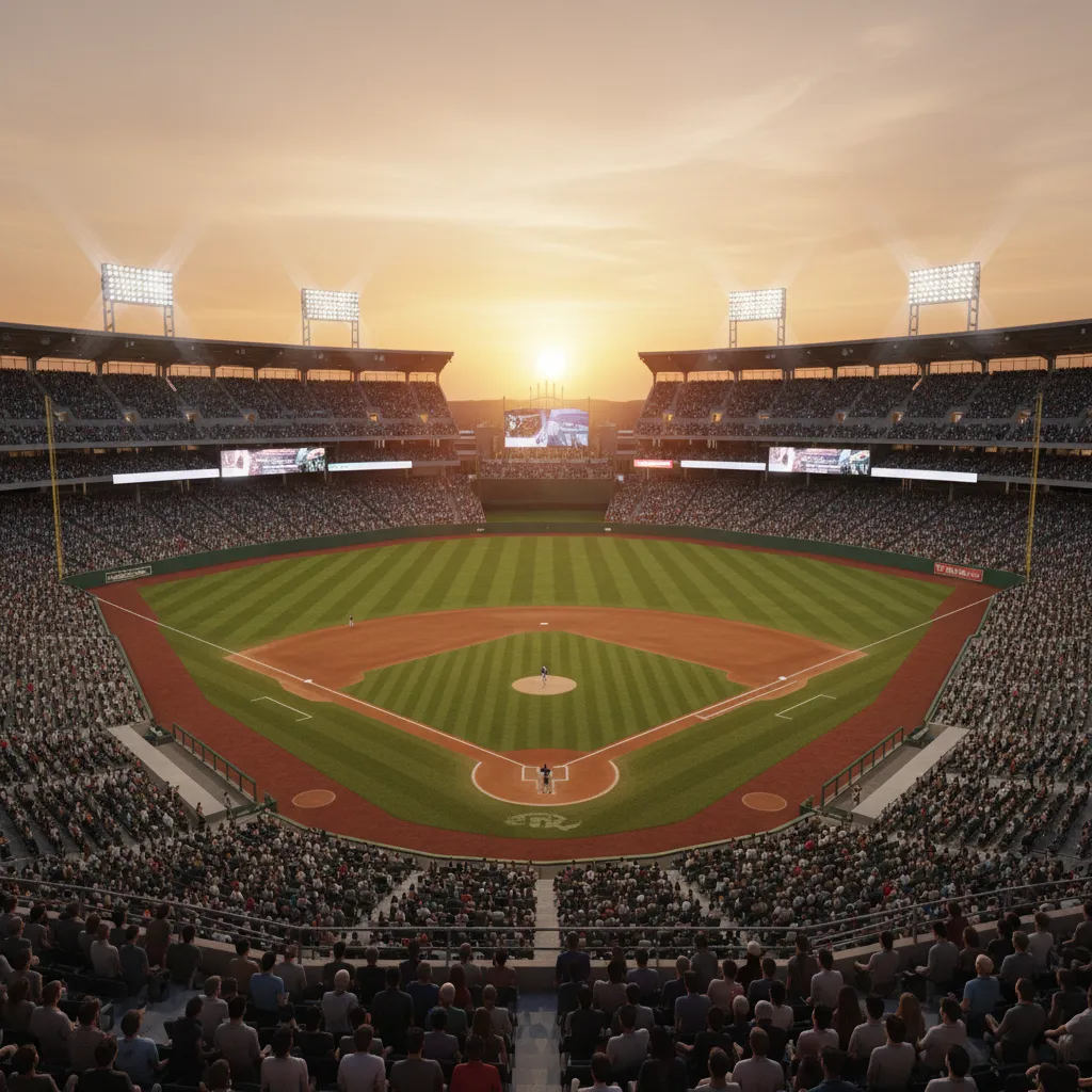 cinematic photorealistic baseball stadium 3D render for film production