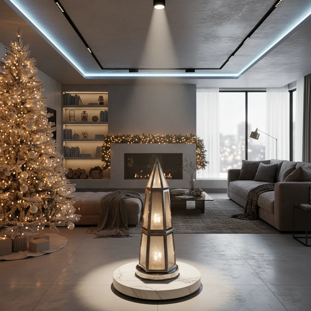 Christmas decoration display using cinematic lighting with warm and cool tones