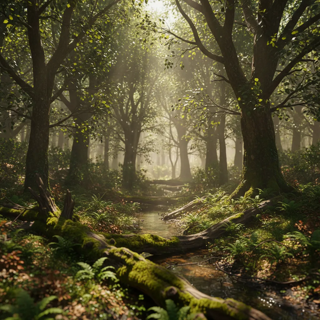 Photorealistic cinematic forest scene used for film rendering