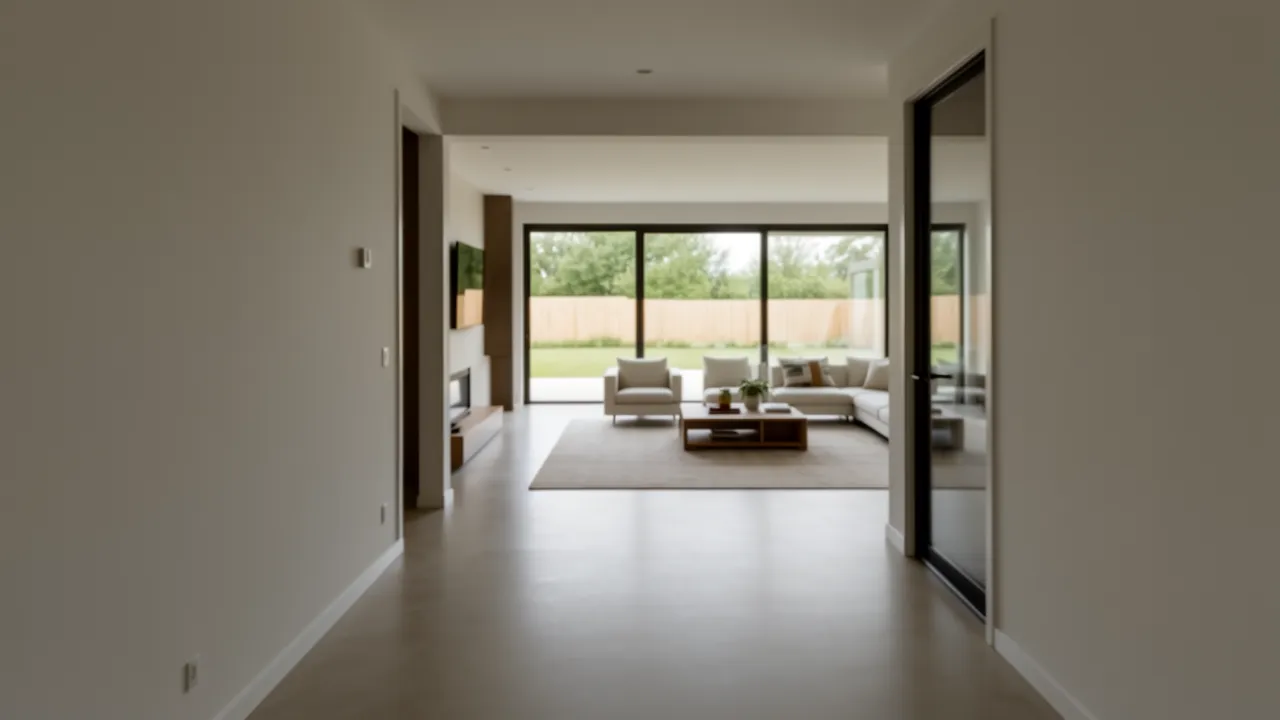 Entry view through open living space toward backyard in modern 4 bedroom home