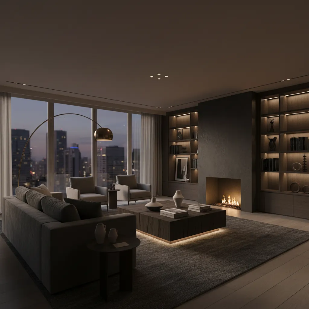 Modern living room with grey sofa fireplace large windows city view bookshelves and floor lamp