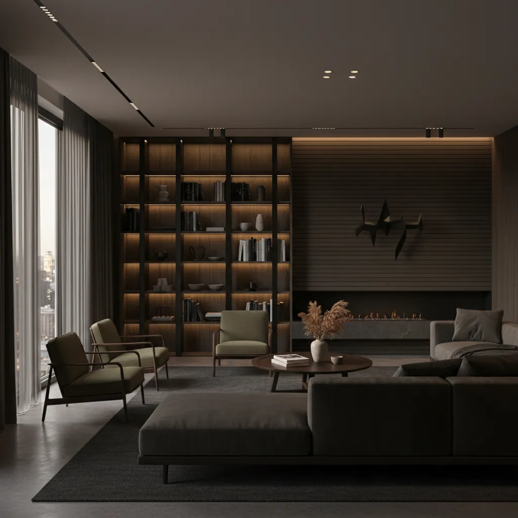 Dark living room featuring large bookshelf fireplace grey sofa green armchairs and a coffee table