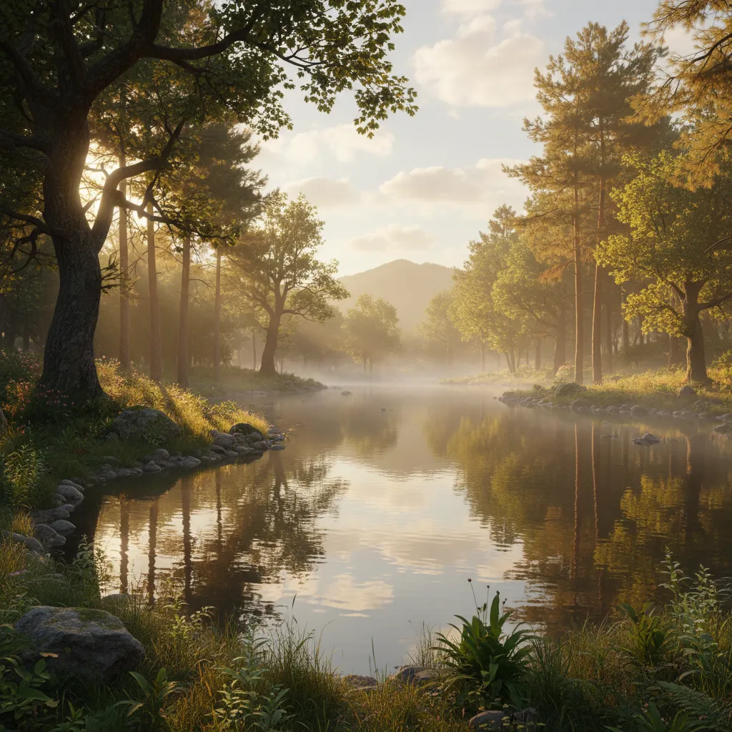 cinematic lighting rendering of a realistic pond environment with reflections
