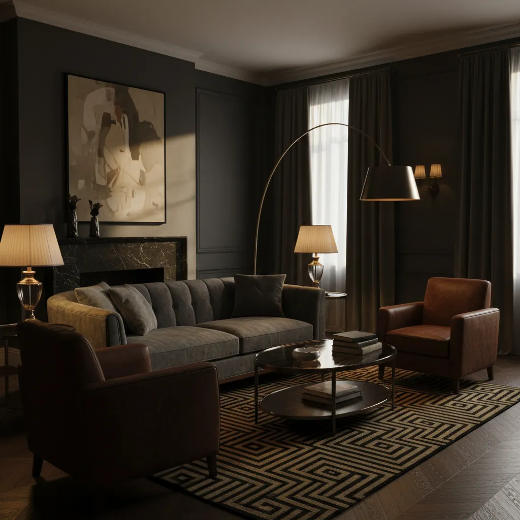 Elegant living room with dark walls marble fireplace floor lamp grey sofa leather chairs rug