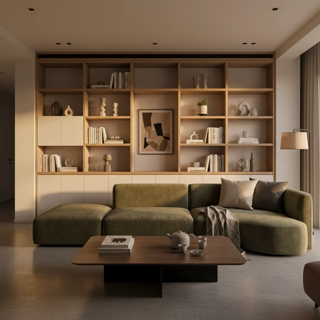 Warm living room with green sofa large wood bookshelf wall coffee table and a lamp