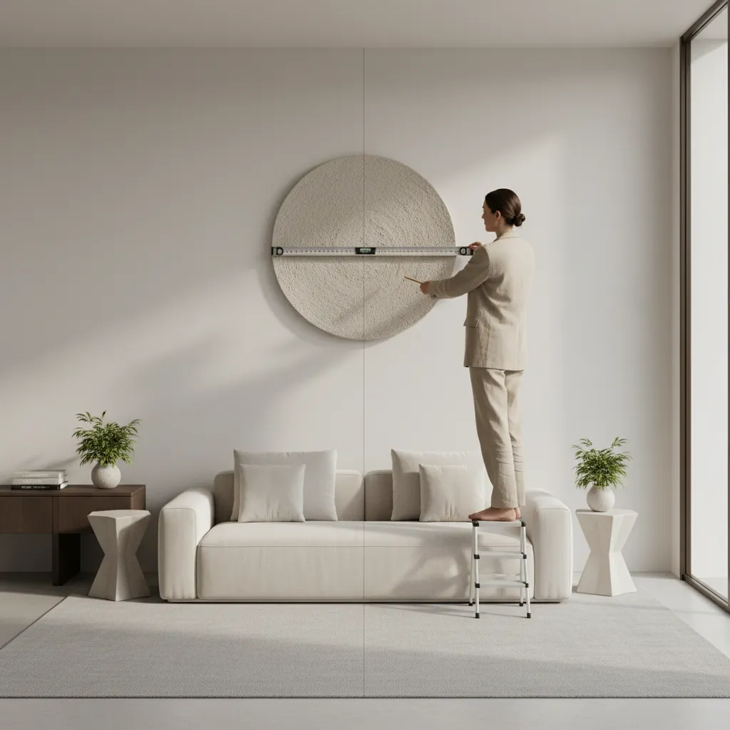 designer measuring center alignment for round wall decor above sofa