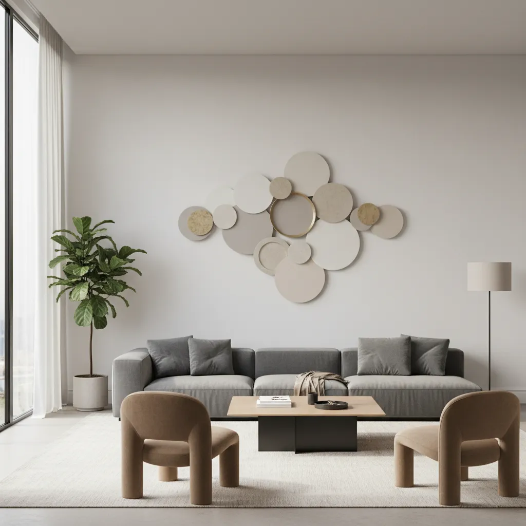 modern living room with layered circle wall decor arrangement