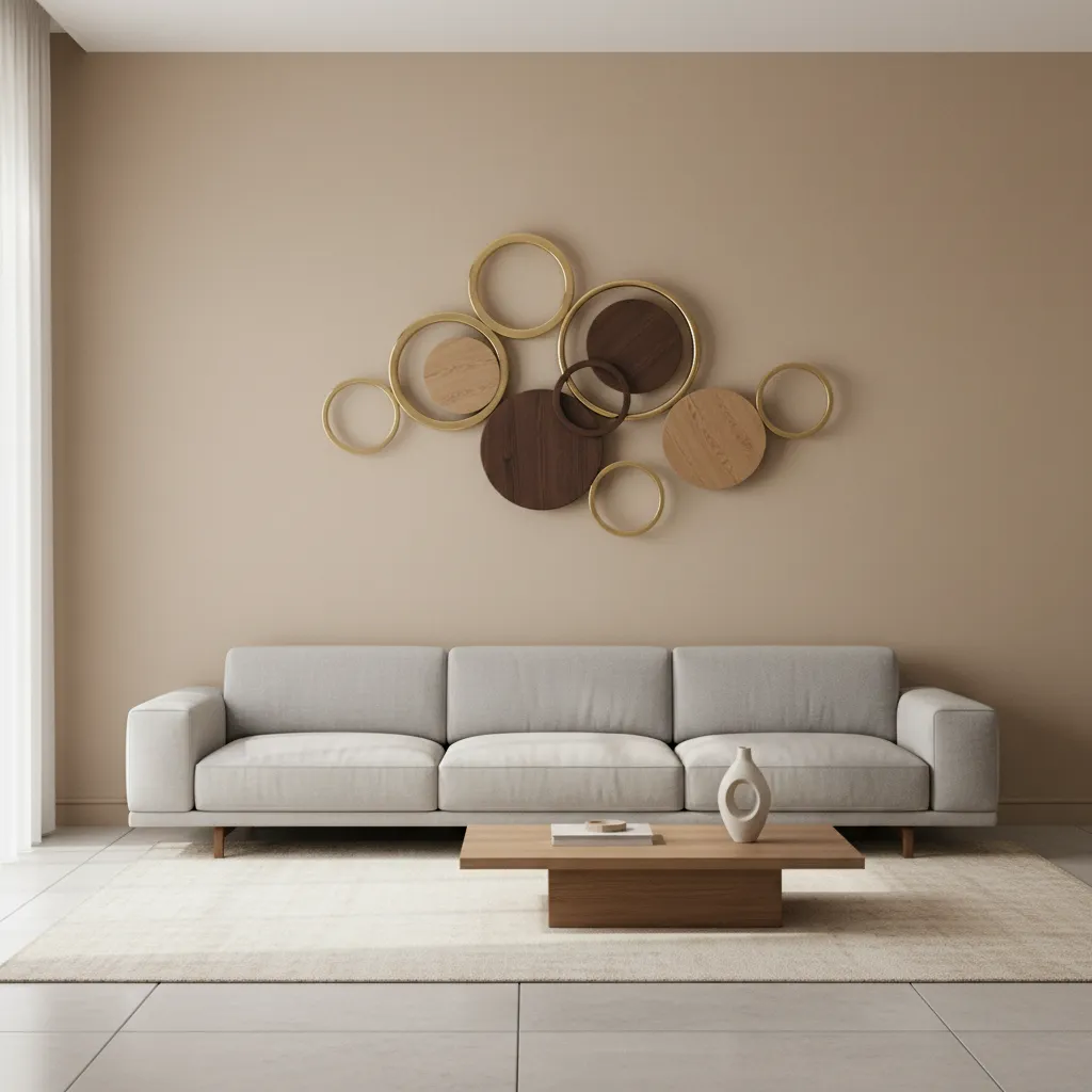Modern living room wall with multiple circular decorations arranged in a balanced cluster