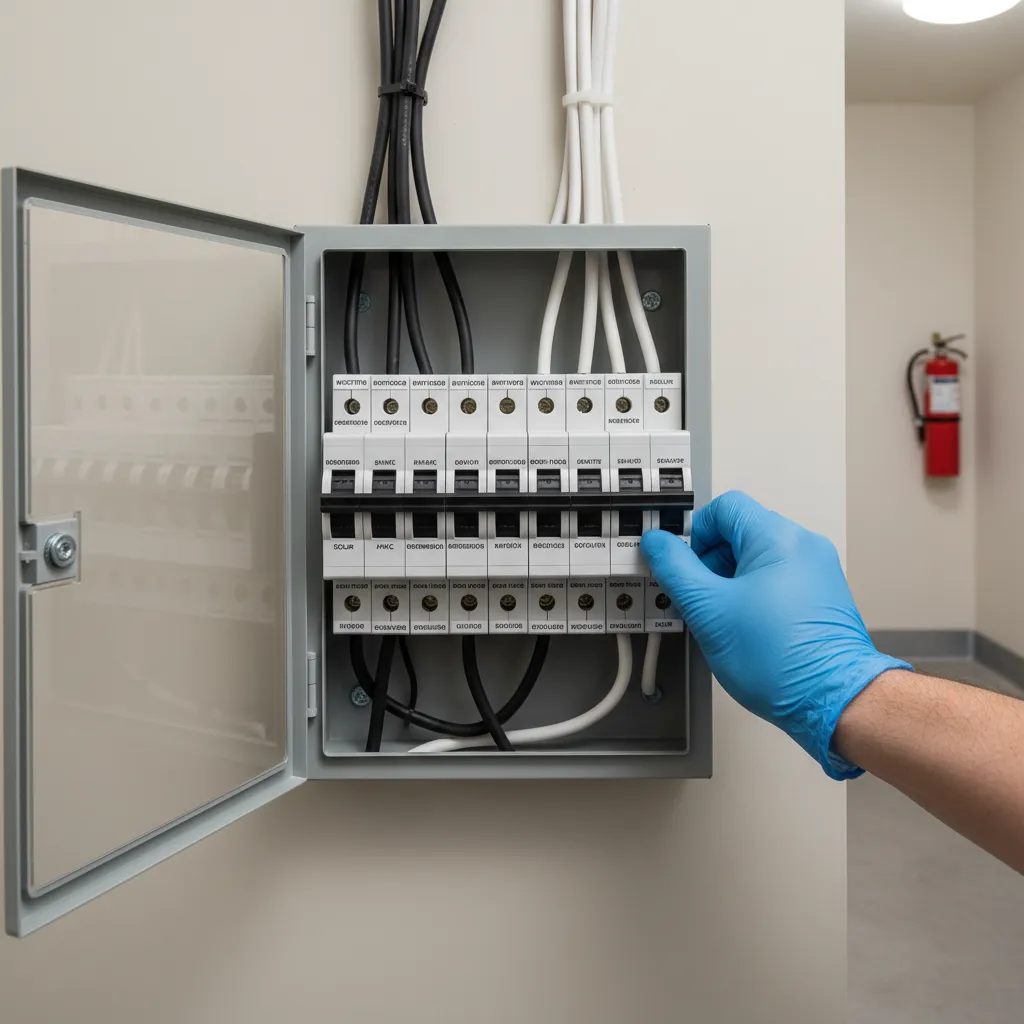 Hand switching off a home electrical breaker before replacing a light switch