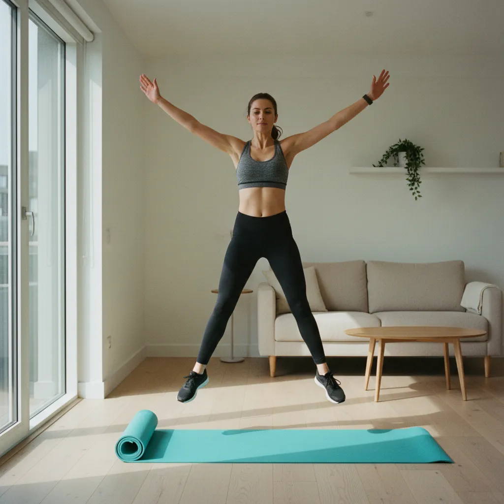 Persona realizando jumping jacks en un circuito HIIT dentro de casa
