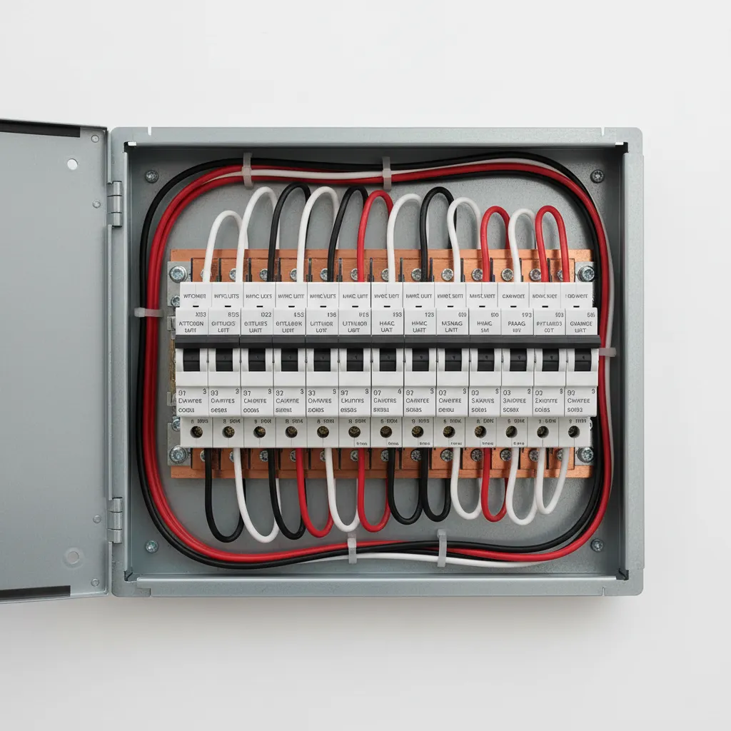 Cuadro eléctrico doméstico con interruptores automáticos organizados por circuitos