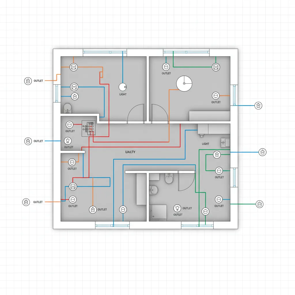 Simple floor plan drawing with colorful lines connecting various wall outlets and ceiling light fixtures