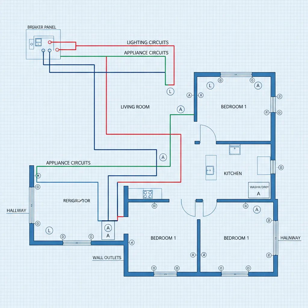 Diagrama de circuitos eléctricos de una vivienda conectados al cuadro eléctrico