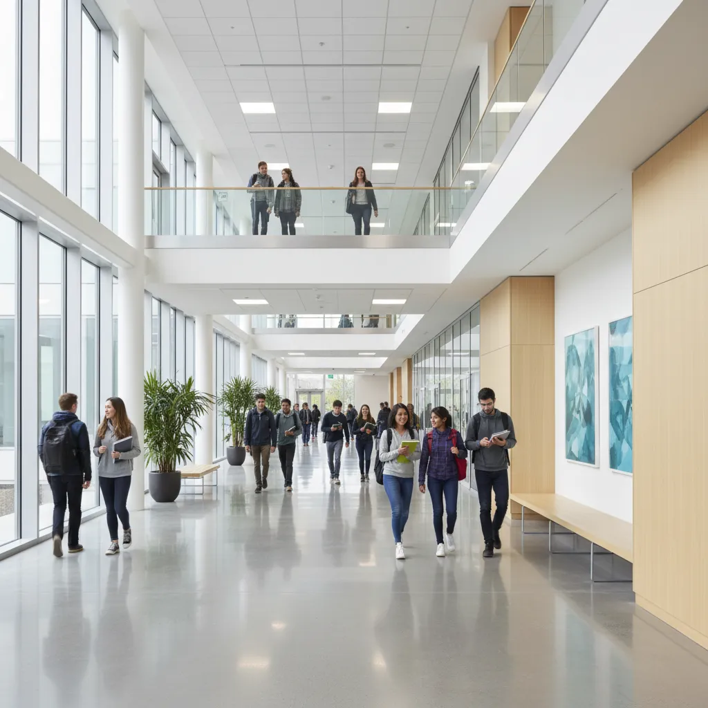 Pasillo amplio de universidad con estudiantes circulando entre clases