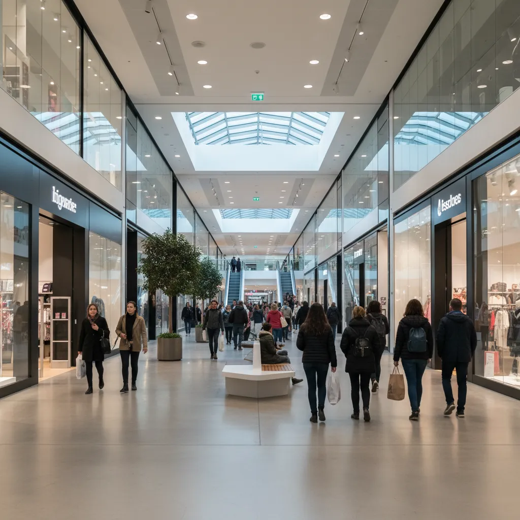 Pasillo de centro comercial con flujo de personas y tiendas visibles a ambos lados
