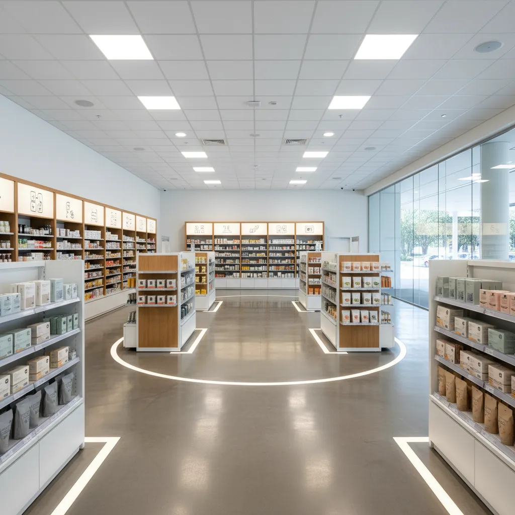 Large store with white shelves curved floor lights square ceiling lights and glass windows view