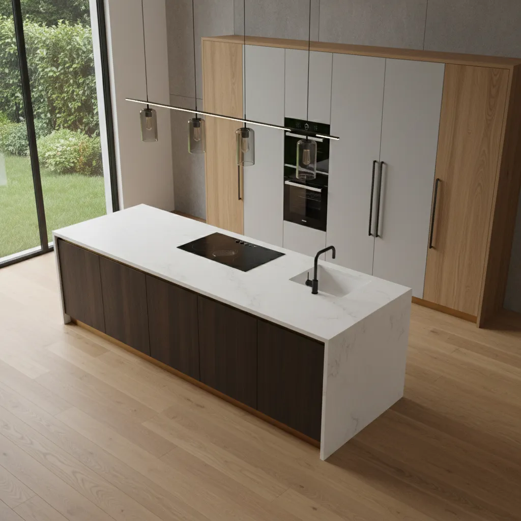 Modelo 3D de cocina mostrando espacio de circulación entre isla y muebles