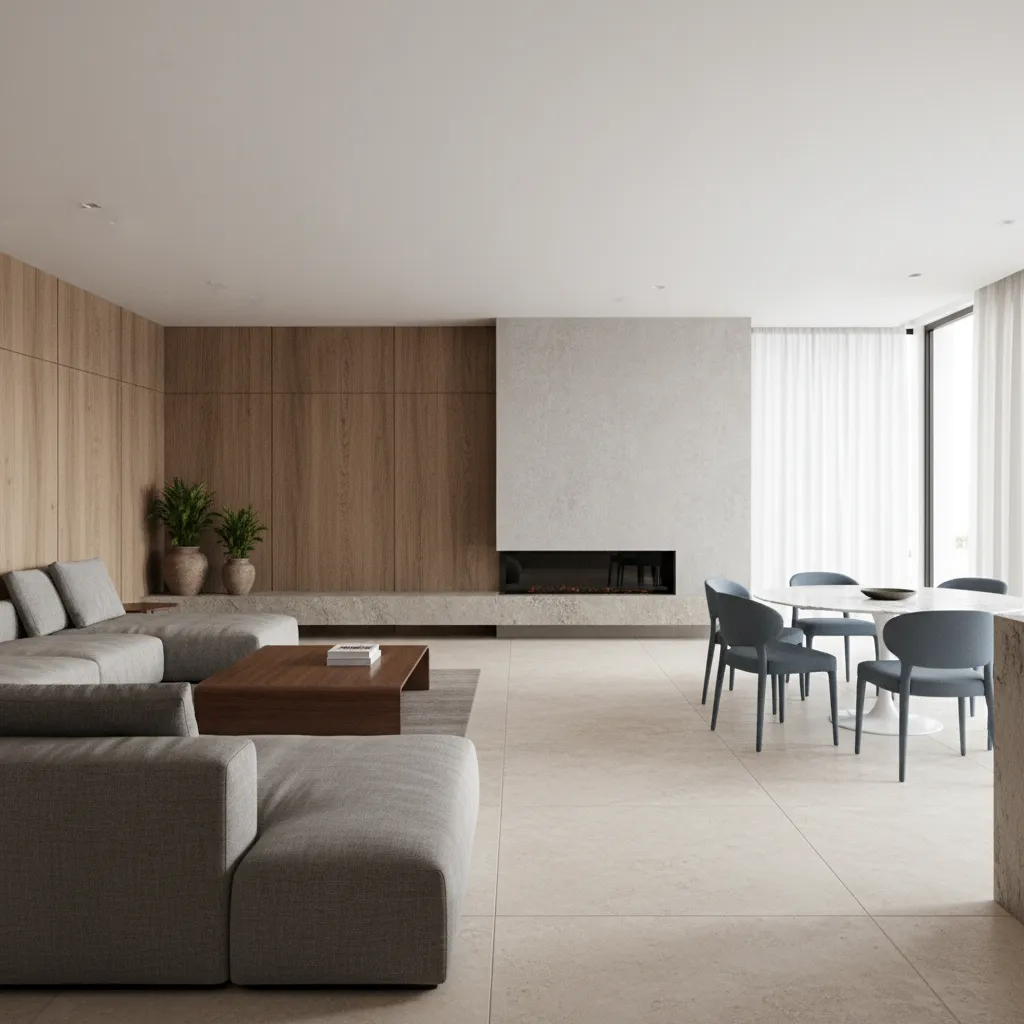 Minimalist living room with grey sofa wood wall panels fireplace and round white dining table