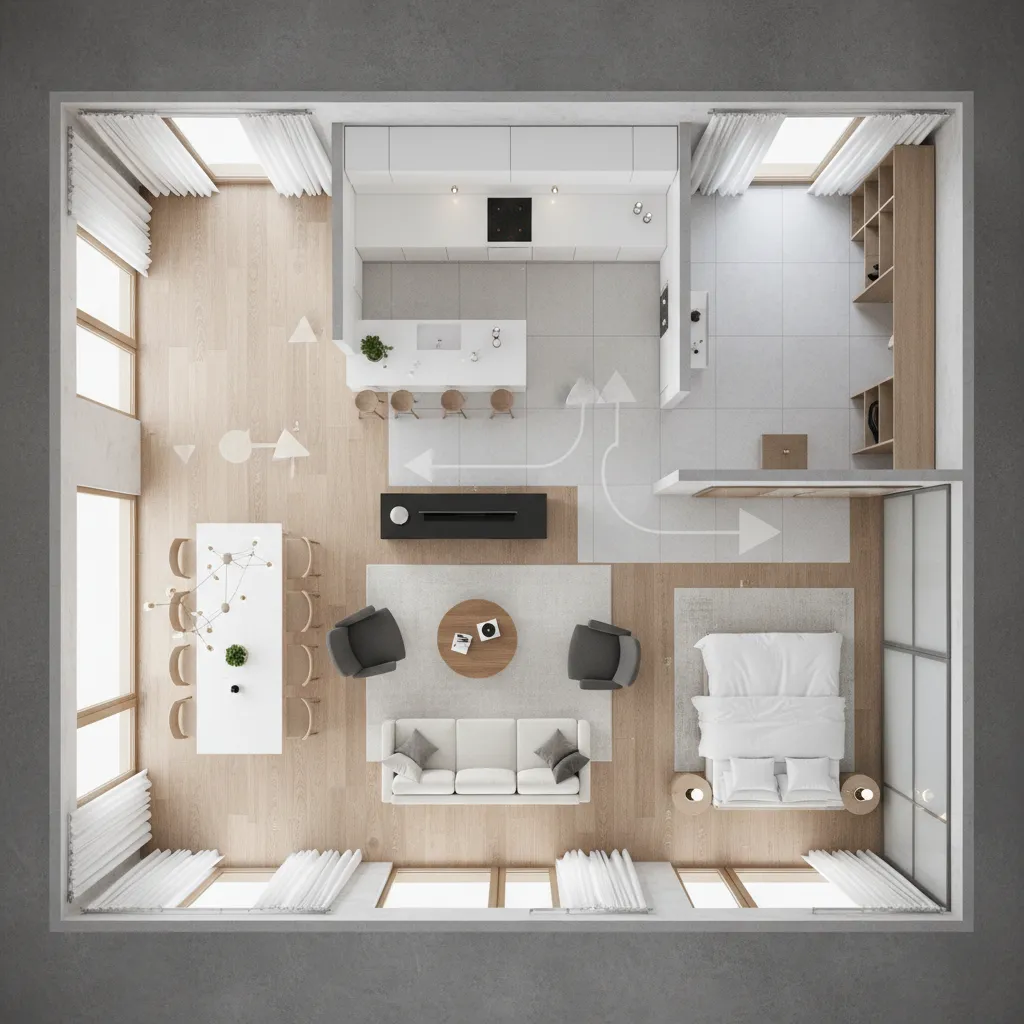 Top down room layout showing kitchen living room dining area bedroom and white movement arrows