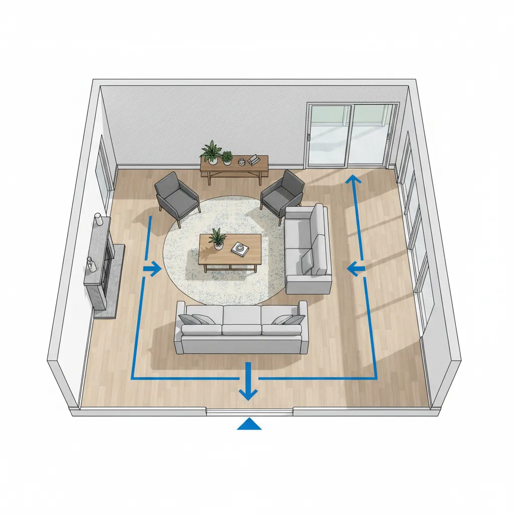 Plano interior mostrando zonas de circulación entre muebles