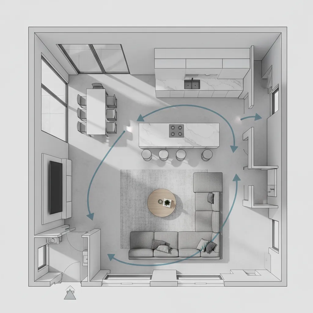 Diagrama de circulación entre espacios en una casa moderna