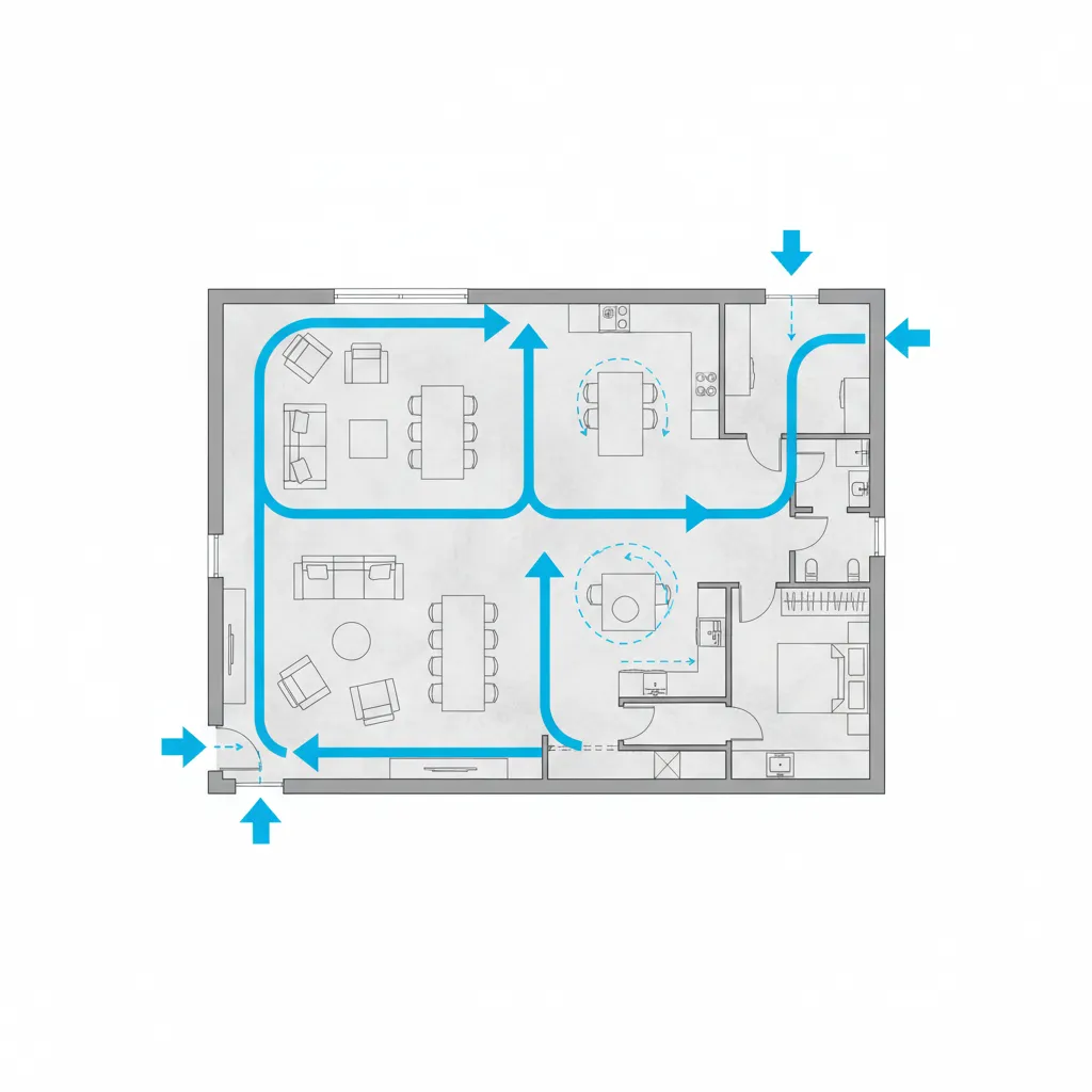 Plano conceptual mostrando circulación dentro de una vivienda
