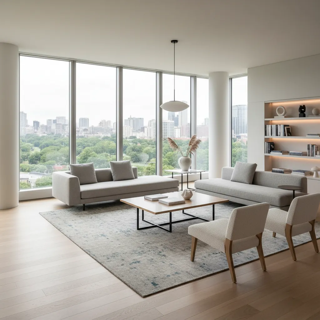 Modern living room with grey sofas and wooden coffee table showing a large park through windows