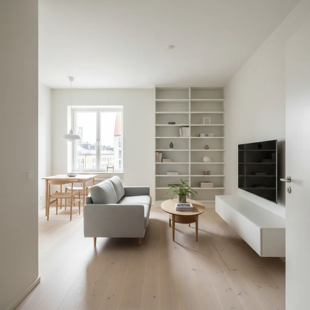 Bright minimalist living room with grey sofa round coffee table bookshelf and wooden dining set