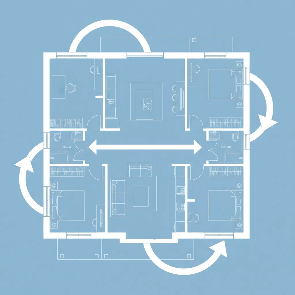 Plano arquitectónico mostrando rutas de circulación dentro de la casa