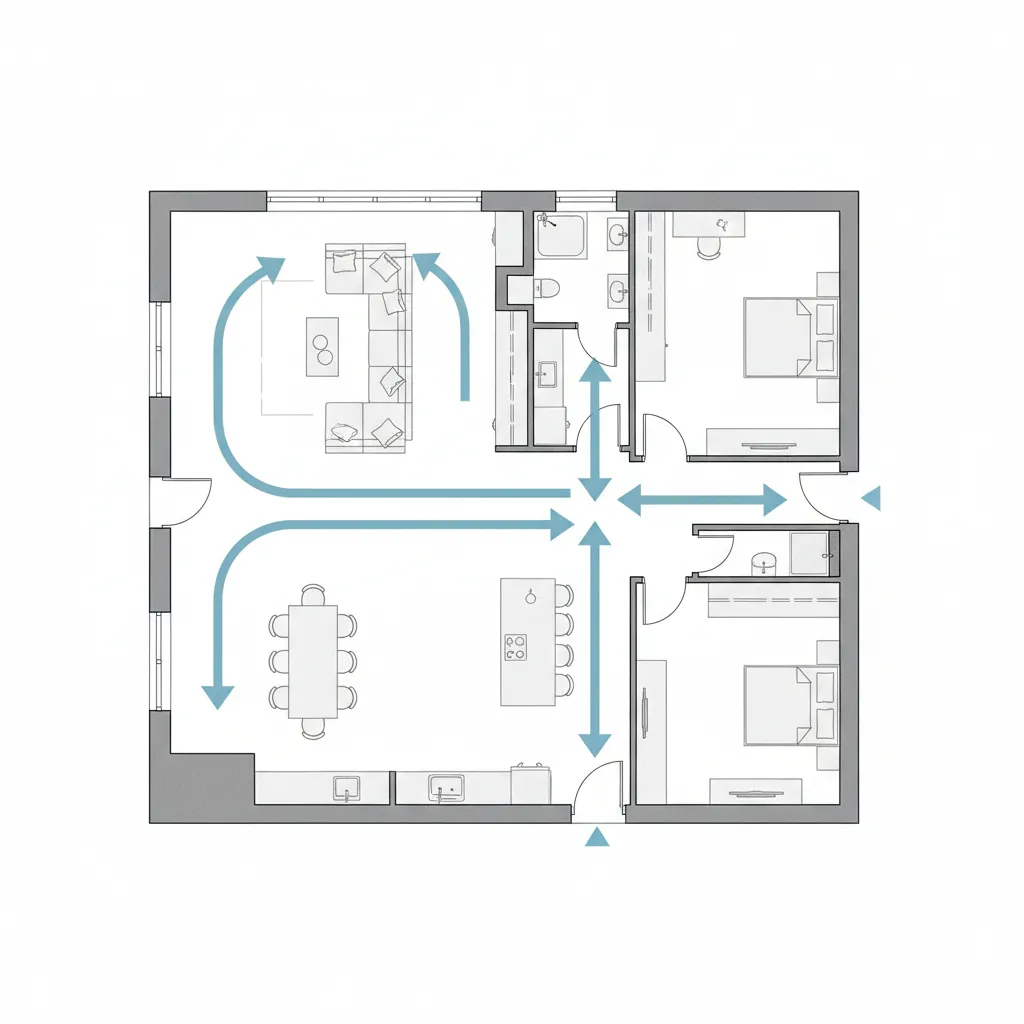 Plano arquitectónico mostrando rutas de circulación dentro de una vivienda
