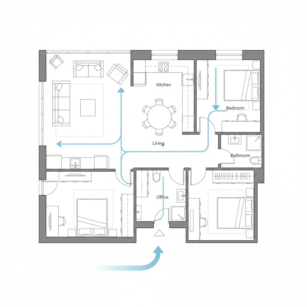 Plano de vivienda mostrando rutas de circulación entre habitaciones