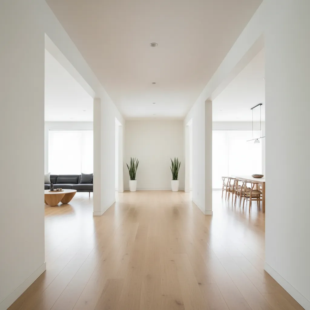 Pasillo amplio conectando diferentes espacios de una vivienda moderna