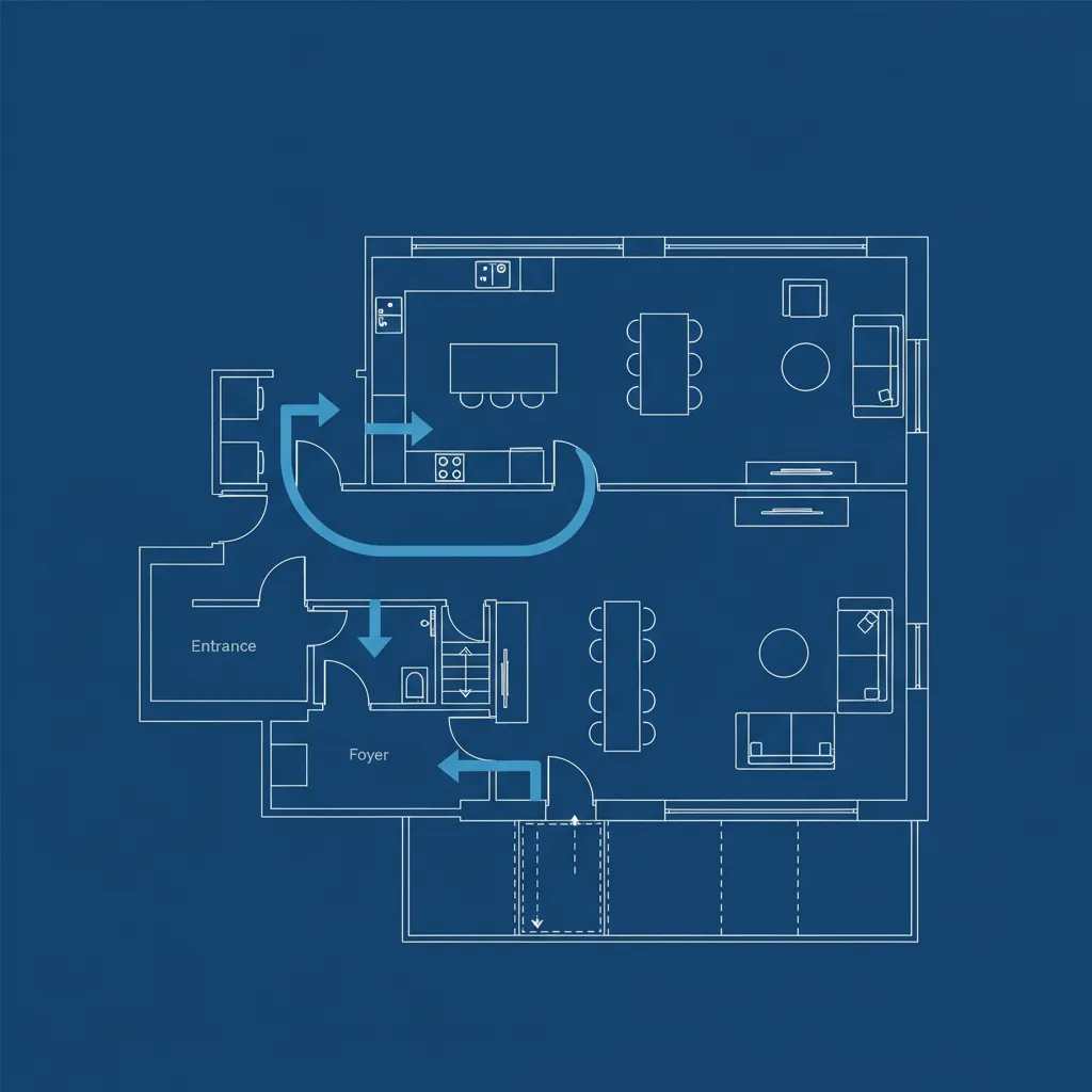 Plano de casa con flechas indicando circulación entre habitaciones