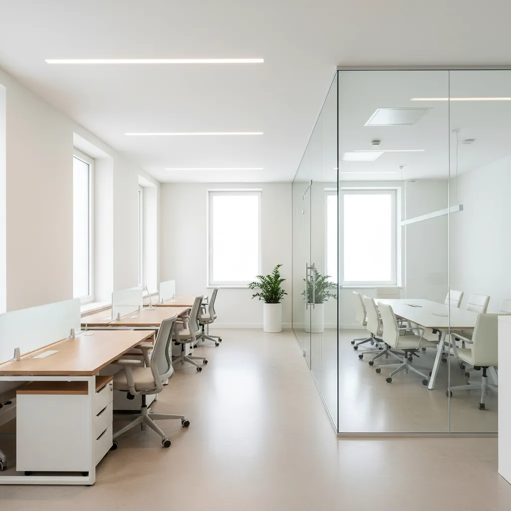 Diseño interior que muestra circulación clara entre zonas de trabajo y reunión