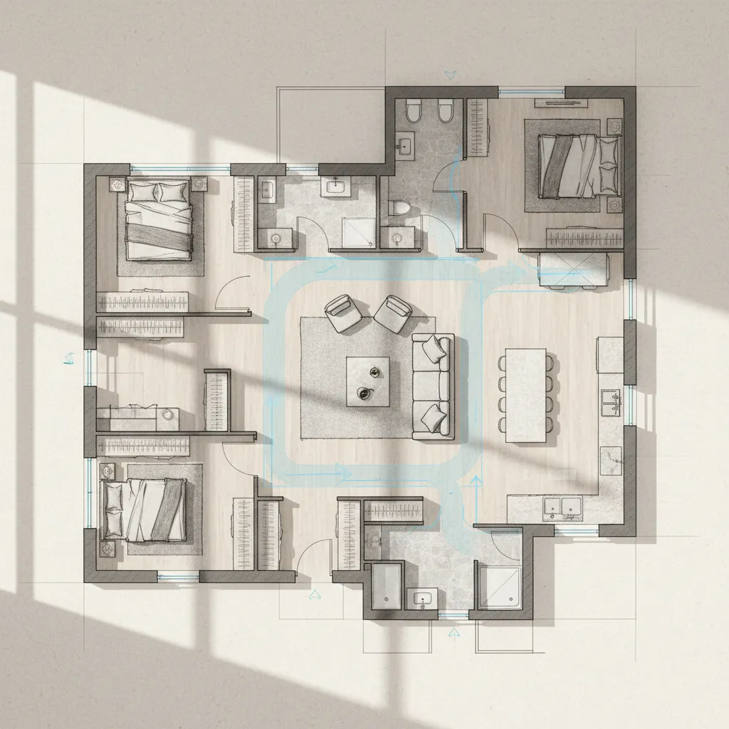Plano de vivienda mostrando recorridos de circulación entre estancias
