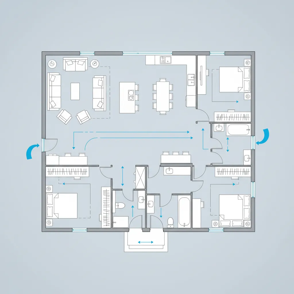 Plano de vivienda mostrando rutas de circulación entre habitaciones
