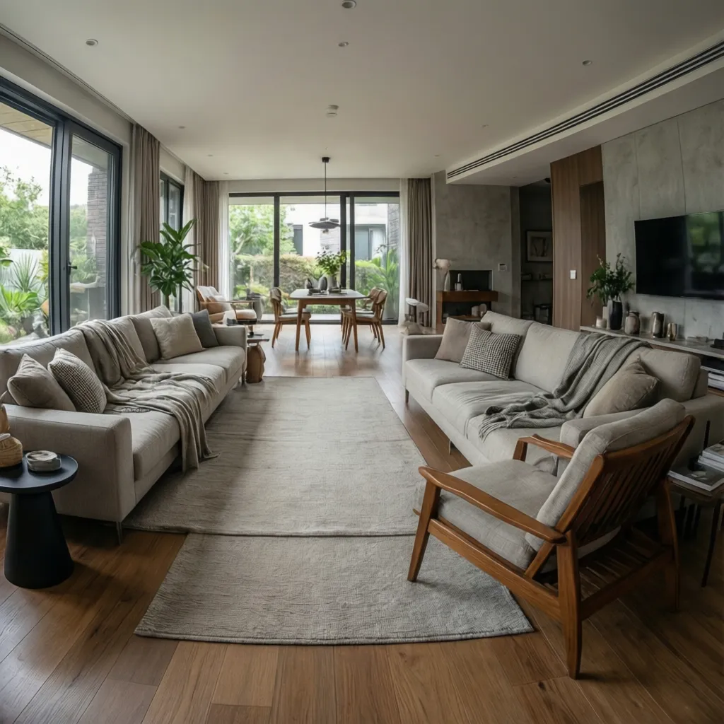 Espacio de circulación entre muebles en un salón moderno