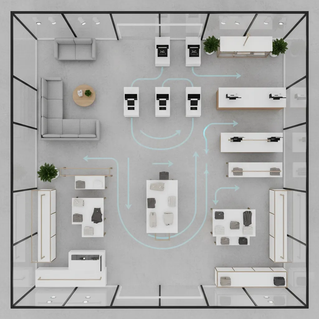Plano visual mostrando el flujo de circulación dentro de una tienda