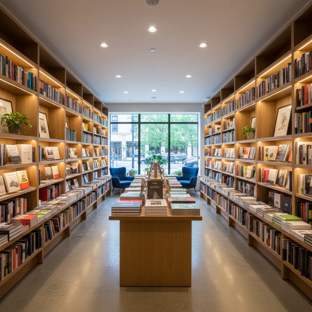 Recorrido interior dentro de una pequeña librería con pasillos amplios