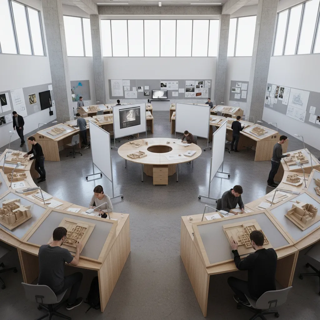 modern architecture school studio with circular desk arrangement and central critique space